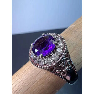 Amethyst and white spinel sterling silver halo ring size 9